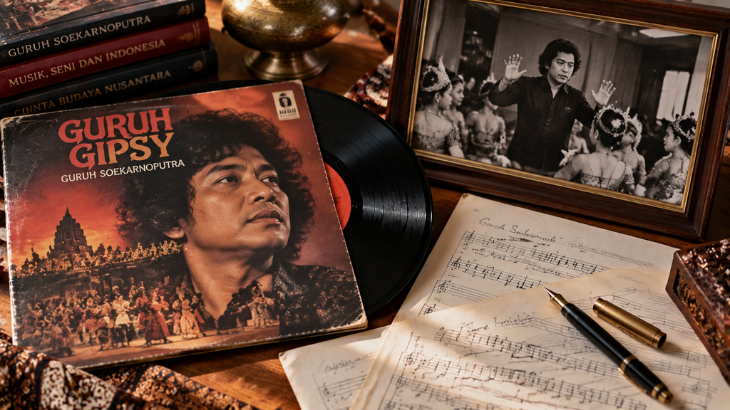 Potret arsip almarhum Guruh Soekarnoputra bersama karya seni dan rekaman musik Swara Mahardika di museum pribadi.