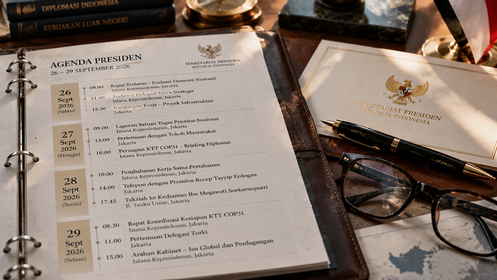 Dokumen catatan linimasa agenda kepresidenan dan jadwal silaturahmi duka cita di meja staf khusus.