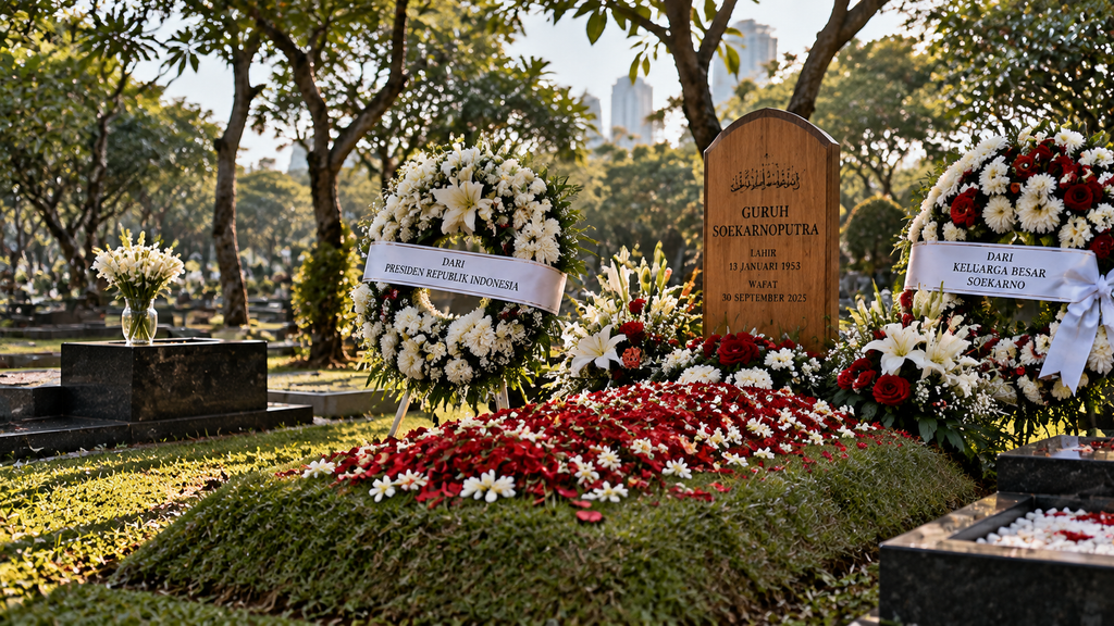 Suasana pusara almarhum Guruh Soekarnoputra bertabur bunga melati dan mawar di TPU Karet Bivak Jakarta.