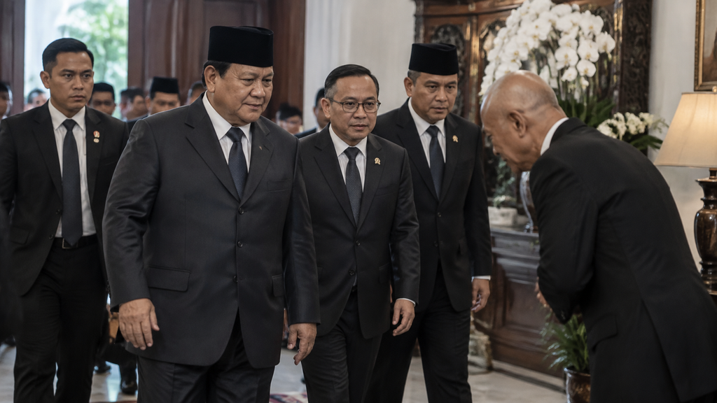 Prabowo Subianto didampingi Sufmi Dasco Ahmad, Prasetyo Hadi, dan Teddy Indra Wijaya saat tiba di ruang tamu.