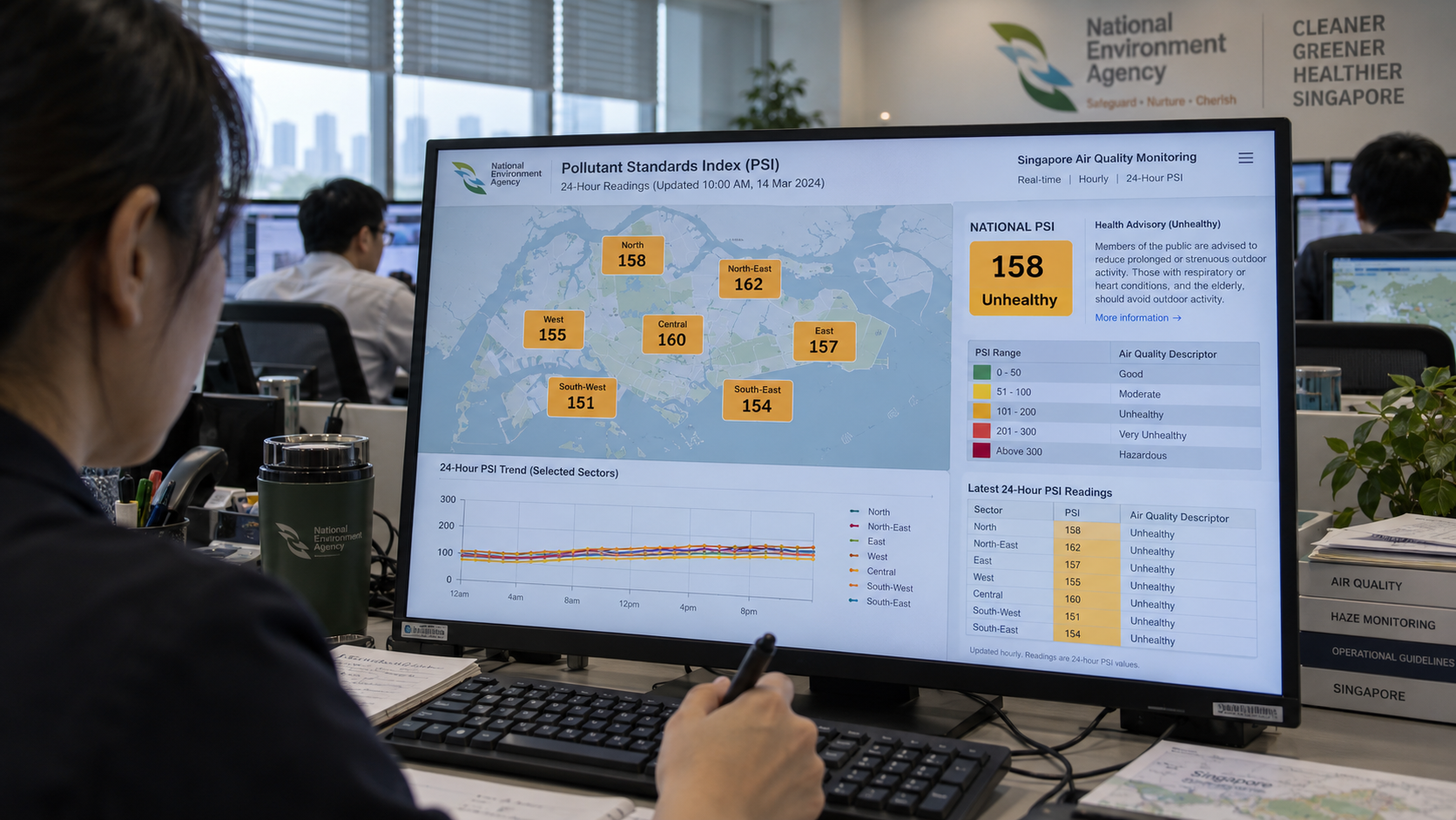 Layar monitor resmi Badan Lingkungan Nasional (NEA) Singapura menunjukkan tingkat PSI yang masuk kategori tidak sehat akibat kabut asap.