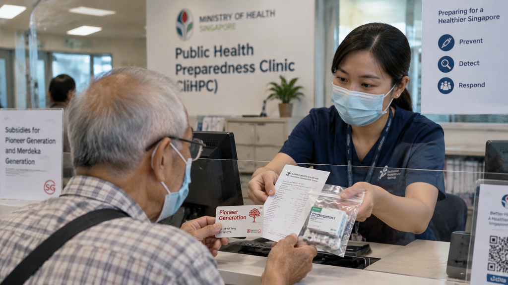 Resepsionis klinik PHPC Singapura melayani pasien lansia pemegang kartu Pioneer Generation untuk mendapatkan subsidi biaya berobat.