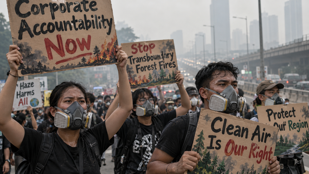 Aktivis lingkungan di Kuala Lumpur membawa poster protes menuntut penghentian pembakaran hutan yang memicu kabut asap lintas batas.